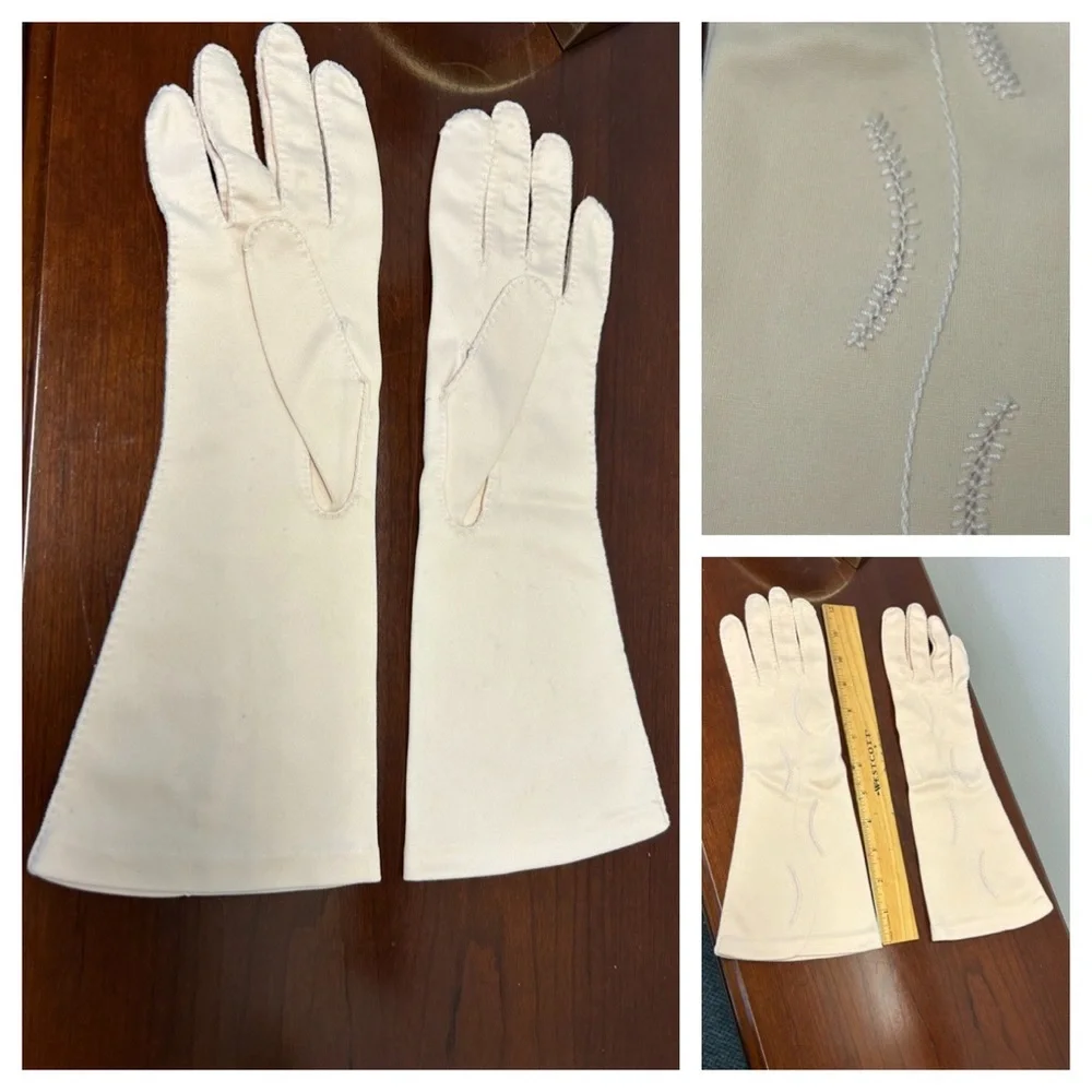 Vintage Cream Gloves with Embroidered Design